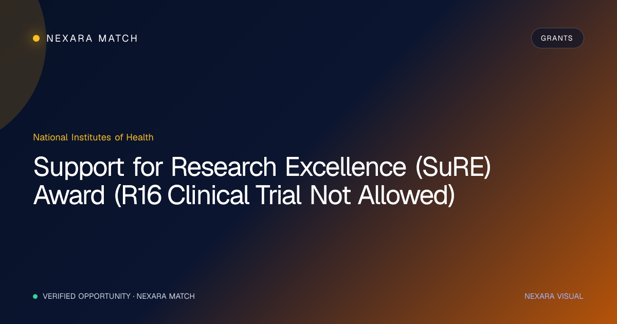 Support for Research Excellence (SuRE) Award (R16 Clinical Trial Not Allowed) NEXARA Match opportunity visual
